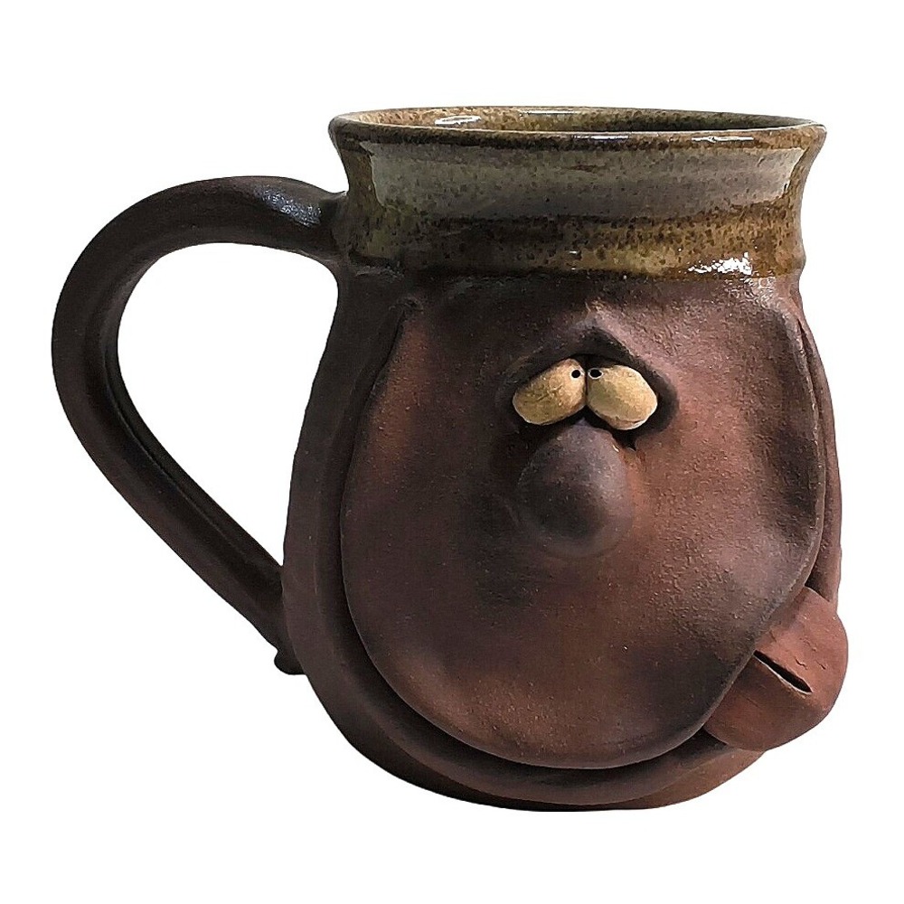 Whimsical Kim Studio Pottery Ugly Face Mug Brown Stoneware Handcrafted Signed